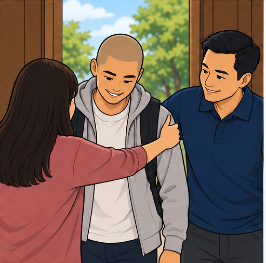 Woman hugs teen with backpack at a doorway as a man and younger boy smile nearby.